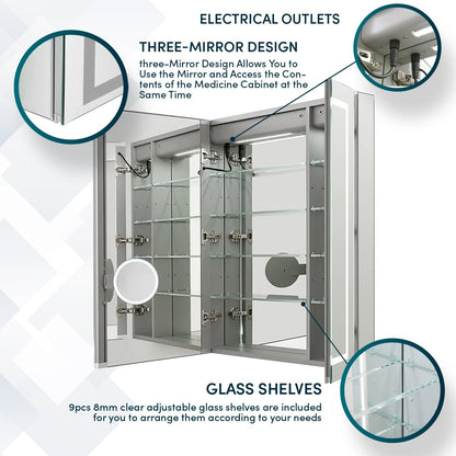 Aquadom Royale Plus 48" x 36" Triple-Door LED Lighted Medicine Cabinet With Defogger, Integrated LED 3X Magnifying Mirror and Electrical Outlet With USB - RP3-4836-N