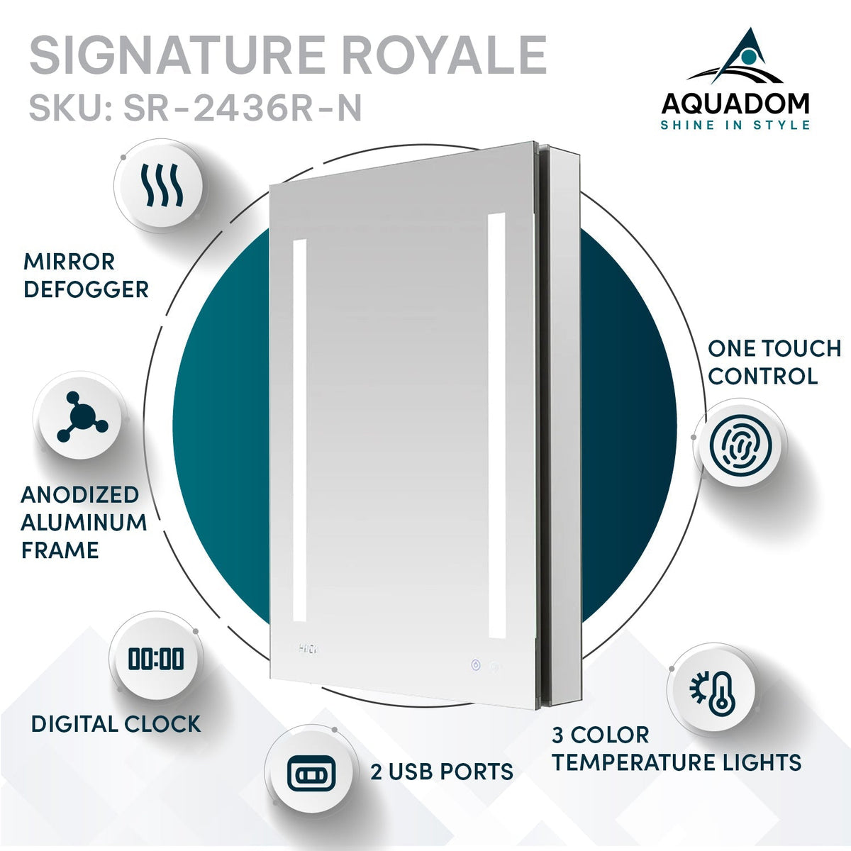 Aquadom Signature Royale 24" x 36" Rectangle Right Hinged Medicine Cabinet With Lighting, Defogger, Integrated LED 3X Magnifying Mirror And Electrical Outlet with USB - SR-2436R-N