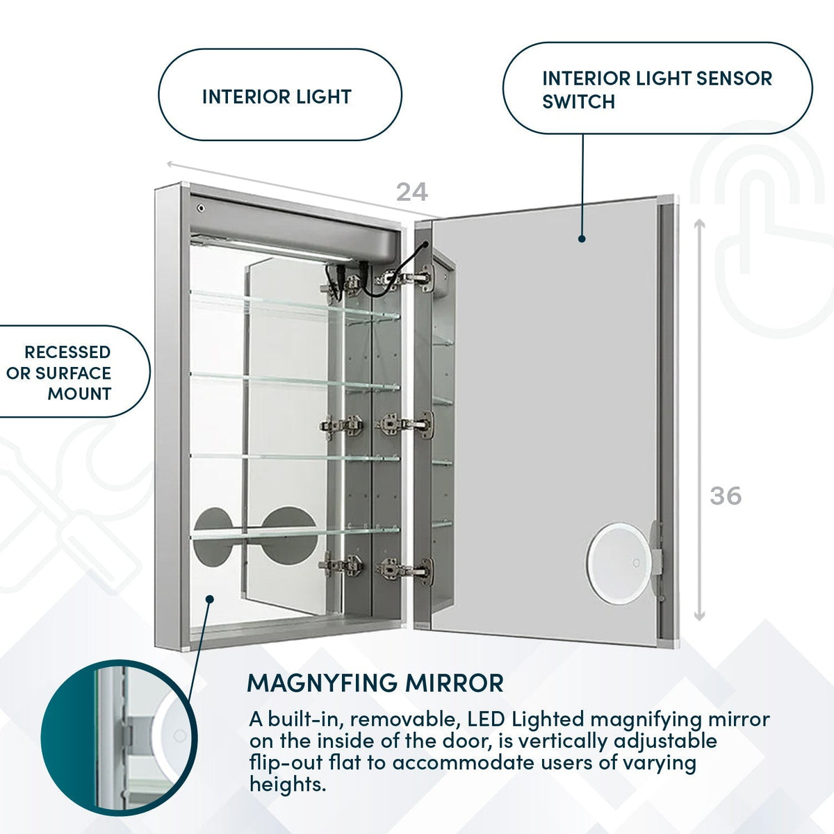 Aquadom Signature Royale 24" x 36" Rectangle Right Hinged Medicine Cabinet With Lighting, Defogger, Integrated LED 3X Magnifying Mirror And Electrical Outlet with USB - SR-2436R-N