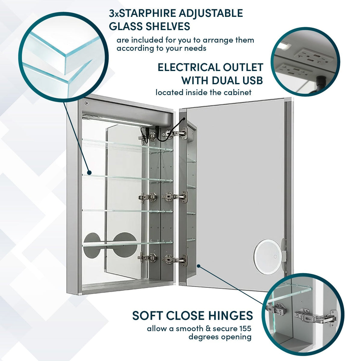 Aquadom Signature Royale 24" x 36" Rectangle Right Hinged Medicine Cabinet With Lighting, Defogger, Integrated LED 3X Magnifying Mirror And Electrical Outlet with USB - SR-2436R-N