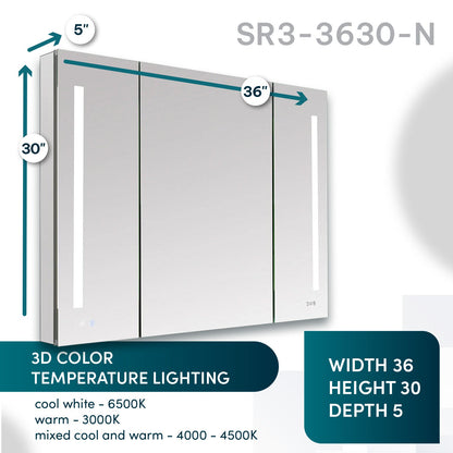 Aquadom Signature Royale 36" x 30" Triple-Door LED Lighted Medicine Cabinet With Defogger, Integrated LED 3X Magnifying Mirror and Electrical Outlet With USB - SR3-3630-N