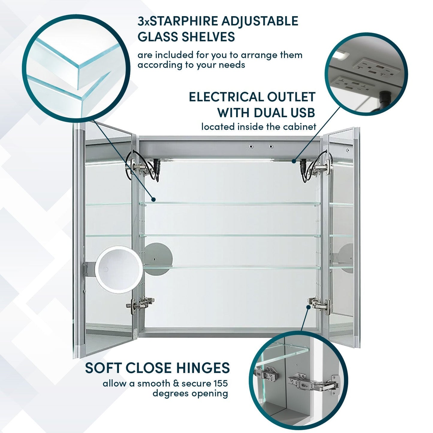 Aquadom Signature Royale 36" x 36" Double-Door LED Lighted Medicine Cabinet With Defogger, Integrated LED 3X Magnifying Mirror and Electrical Outlet With USB - SR-3636-N