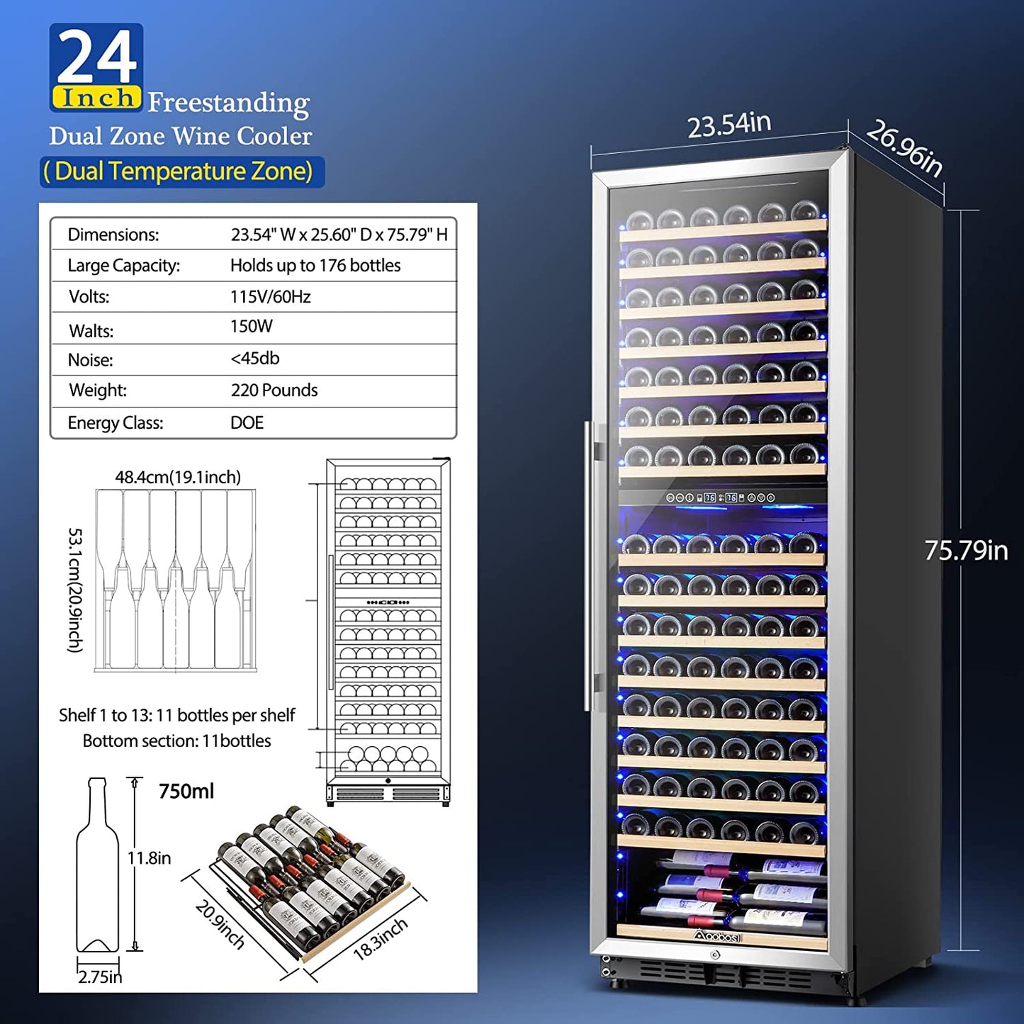 AAOBOSI 24" Free Standing 176 Bottles Wine Cooler in Stainless Steel with Wood Shelves  - YC-510B