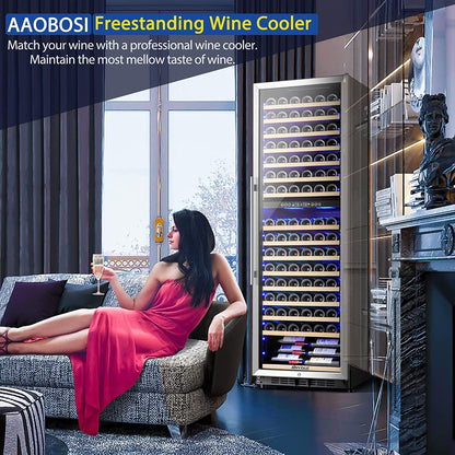 AAOBOSI 24" Free Standing 176 Bottles Wine Cooler in Stainless Steel with Wood Shelves  - YC-510B