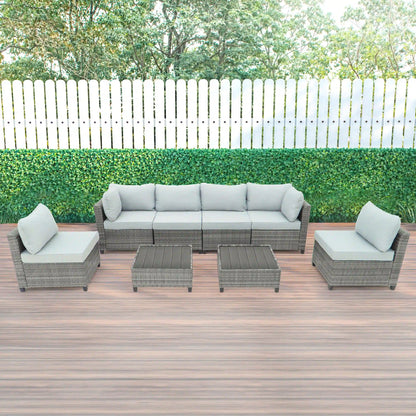 Deko Living 8 Piece Gray Outdoor Sectional Wicker Sofa Chairs and Tables  with Interchangable Blue and Gray Cushion Covers  - COP30111