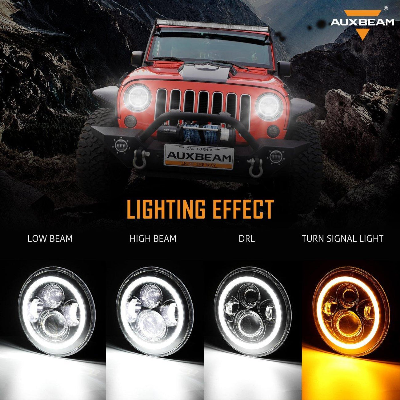 Auxbeam 7" LED Halo Headlights + 4" Inch LED Fog Lights with DRL + 5D-PRO 52" Straight LED Light Bar + Windshield Mounting Brackets + 18W Flood Beam Pod Lights Set for for Jeep Wrangler JK - GP00007761