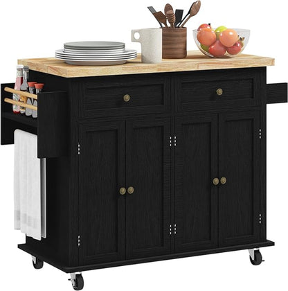 HomCom Kitchen Island on Wheels, Rolling Cart with Rubberwood Top - B08L44DQF8