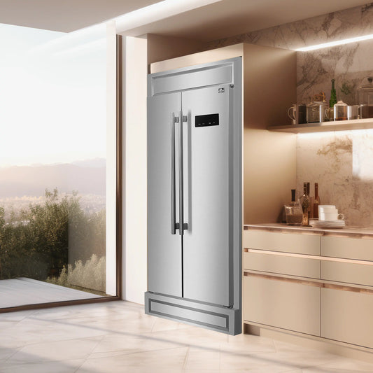 Forno Salerno 33-Inch 15.6 cu.ft Built-in Refrigerator with Modern Decorative Grille in Stainless Steel (FFRBI1805-37MG) - FFRBI1805-37MG