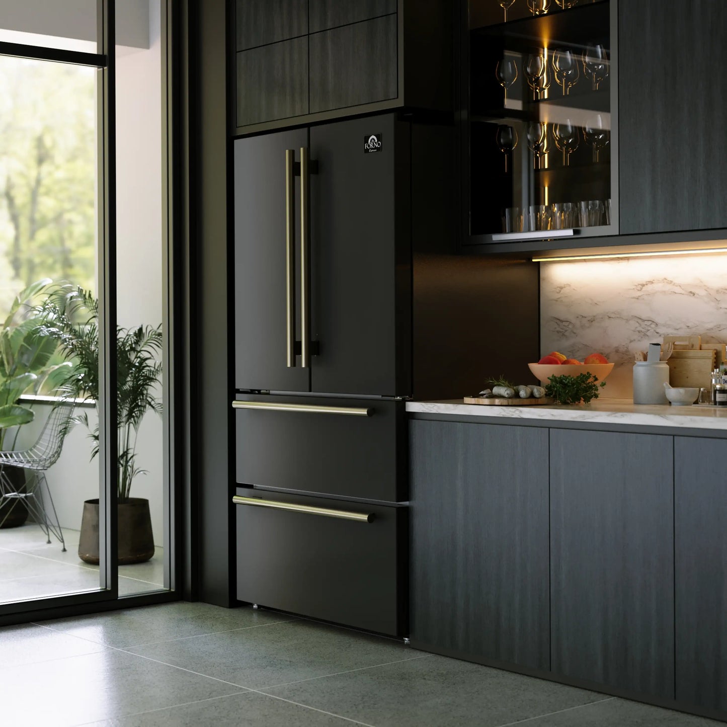 Forno Espresso Moena 36-inch 19.2 Cu.ft French Door Refrigerator in Black with Antique Brass Handle -FFRBI1820-36BLK