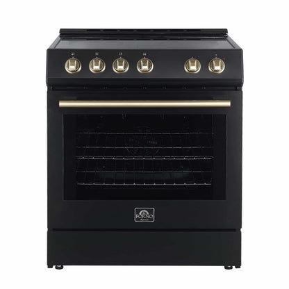 Forno 5-Piece Appliance Package - 30-Inch Electric Range, Under Cabinet Range Hood, French Door Refrigerator, Dishwasher, and 30-Inch Microwave Drawer in Black with Antique Brass Trim - APR5-6012-30BLK-MWD30