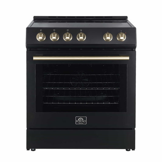 Forno 5-Piece Appliance Package - 30-Inch Electric Range, Under Cabinet Range Hood, Refrigerator with Water Dispenser, Dishwasher, and 30-Inch Microwave Drawer in Black with Antique Brass Trim - APW5-6012-30BLK-MWD30