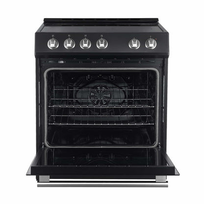 Forno 5-Piece Appliance Package - 30-Inch Electric Range, Under Cabinet Range Hood, Refrigerator with Water Dispenser, Dishwasher, and  Microwave Drawer in Black with Antique Brass Trim - APW5-6012-30BLK