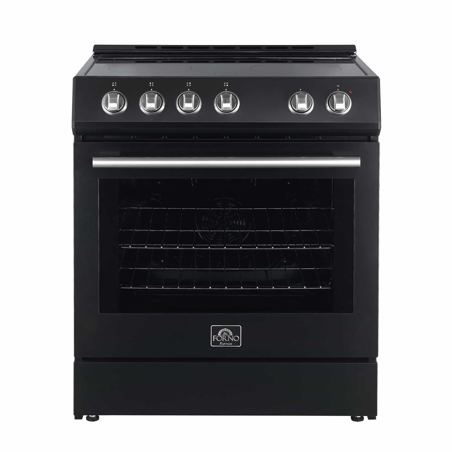 Forno 5-Piece Appliance Package - 30-Inch Electric Range, Under Cabinet Range Hood, Refrigerator with Water Dispenser, Dishwasher, and  Microwave Drawer in Black with Stainless Steel Trim - APW5-6012-30BLK