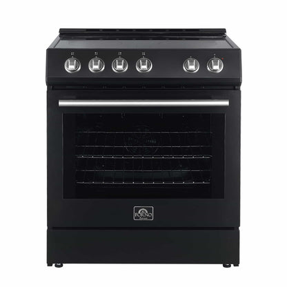 Forno 5-Piece Appliance Package - 30-Inch Electric Range, Under Cabinet Range Hood, Refrigerator with Water Dispenser, Dishwasher, and 30-Inch Microwave Drawer in Black with Antique Brass Trim - APW5-6012-30BLK-MWD30