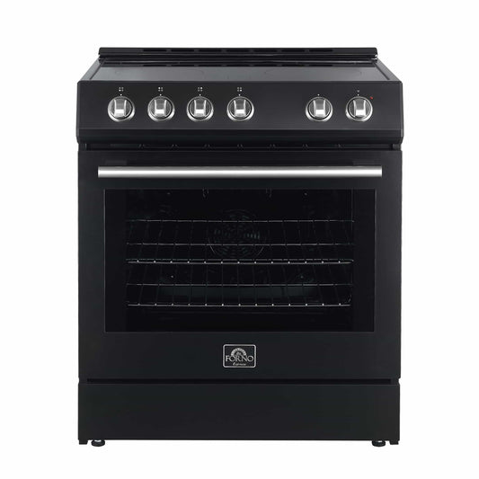 Forno 5-Piece Appliance Package - 30-Inch Electric Range, Under Cabinet Range Hood, French Door Refrigerator, Dishwasher, and 30-Inch Microwave Drawer in Black with Stainless Steel Handle - APR5-6012-30BLK-MWD30