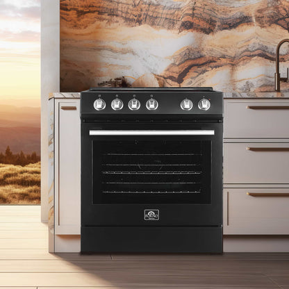 Forno 5-Piece Appliance Package - 30-Inch Electric Range, Under Cabinet Range Hood, Refrigerator with Water Dispenser, Dishwasher, and 30-Inch Microwave Drawer in Black with Stainless Steel Trim - APW5-6012-30BLK-MWD30