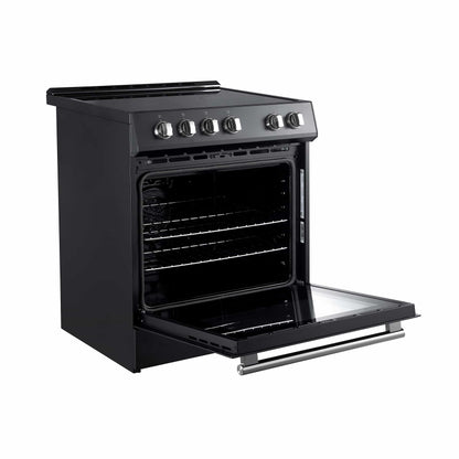Forno 5-Piece Appliance Package - 30-Inch Electric Range, Under Cabinet Range Hood, Refrigerator, Dishwasher, and 24-Inch Microwave Oven in Black with Stainless Steel Trim - APR5-6012-30BLK-MWO24