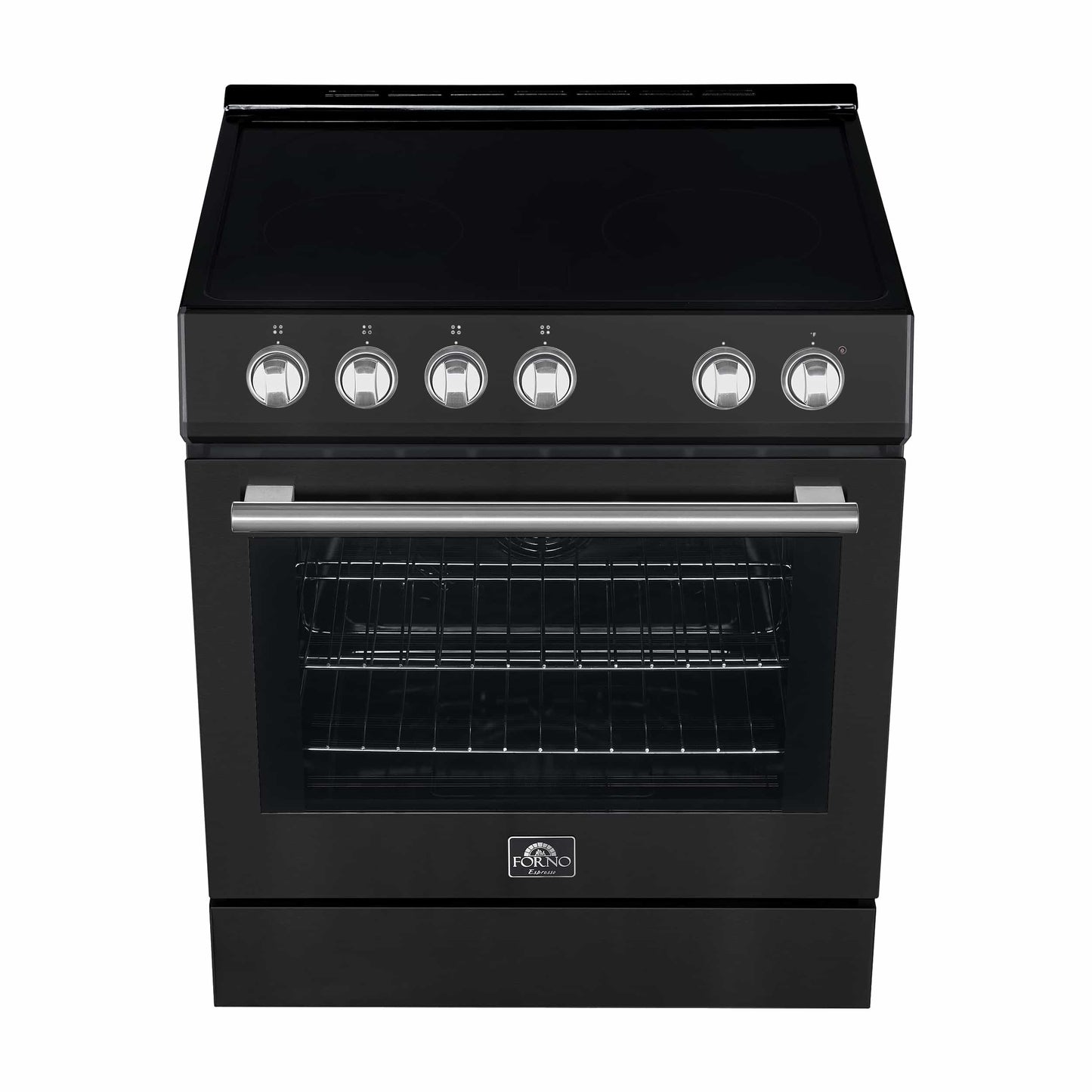 Forno 5-Piece Appliance Package - 30-Inch Electric Range, Under Cabinet Range Hood, French Door Refrigerator, Dishwasher, and 30-Inch Microwave Drawer in Black with Stainless Steel Handle - APR5-6012-30BLK-MWD30