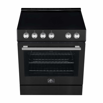 Forno 5-Piece Appliance Package - 30-Inch Electric Range, Under Cabinet Range Hood, Refrigerator with Water Dispenser, Dishwasher, and 30-Inch Microwave Drawer in Black with Stainless Steel Trim - APW5-6012-30BLK-MWD30
