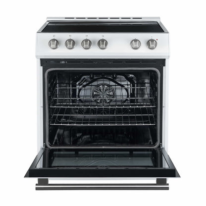 Forno 5-Piece Appliance Package - 30-Inch Electric Range, Under Cabinet Range Hood, Refrigerator with Water Dispenser, Dishwasher, and 30-Inch Microwave Drawer in White with Stainless Steel Trim - APW5-6012-30WHT-MWD30