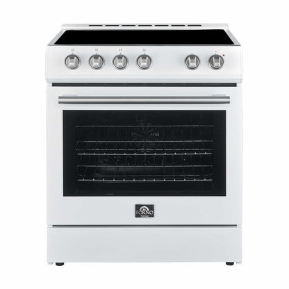 Forno 5-Piece Appliance Package - 30-Inch Electric Range, Under Cabinet Range Hood, Refrigerator with Water Dispenser, Dishwasher, and 30-Inch Microwave Drawer in White with Stainless Steel Trim - APW5-6012-30WHT-MWD30