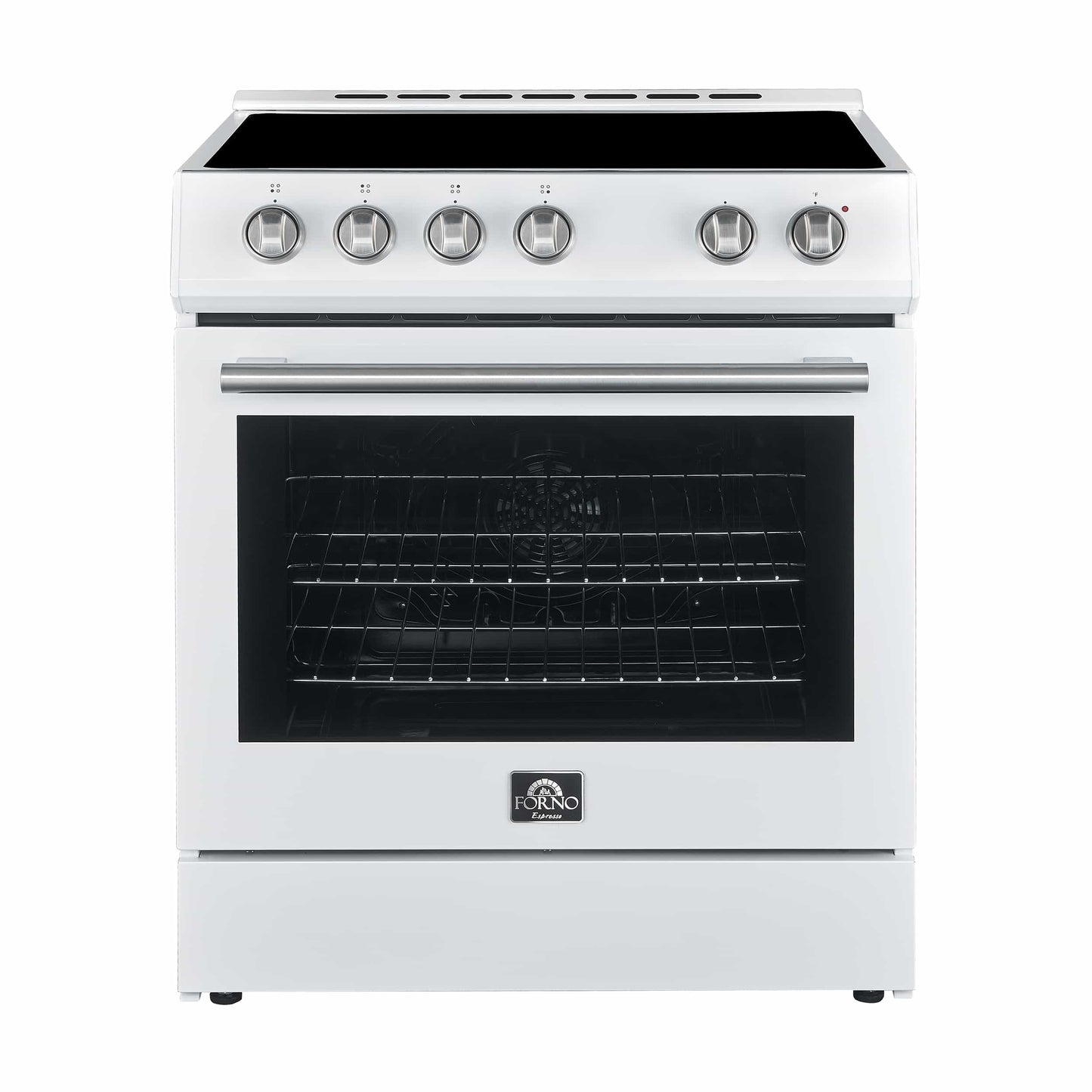 Forno 5-Piece Appliance Package - 30-Inch Electric Range, Under Cabinet Range Hood, Refrigerator with Water Dispenser, Dishwasher, and  Microwave Drawer in White with Stainless Steel Trim - APW5-6012-30WHT