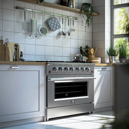 Forno 5-Piece Appliance Package - 36-Inch Gas Range, Wall Mount Range Hood, 60-Inch Refrigerator, Dishwasher, and 30-Inch Microwave Oven in Stainless Steel - AP5-6244-36-5095-60S-30MO