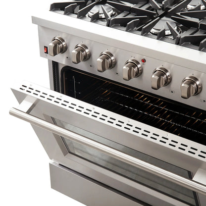 Forno 5-Piece Appliance Package - 36-Inch Gas Range, Wall Mount Range Hood, 36-Inch Refrigerator, Dishwasher, and 30-Inch Microwave Oven in Stainless Steel - AP5-6244-36-5095-30MO