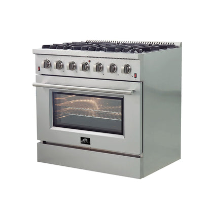 Forno 5-Piece Appliance Package - 36-Inch Gas Range, Wall Mount Range Hood, 36-Inch Refrigerator, Dishwasher, and 30-Inch Microwave Drawer in Stainless Steel - AP5-6244-36-5095-30MD