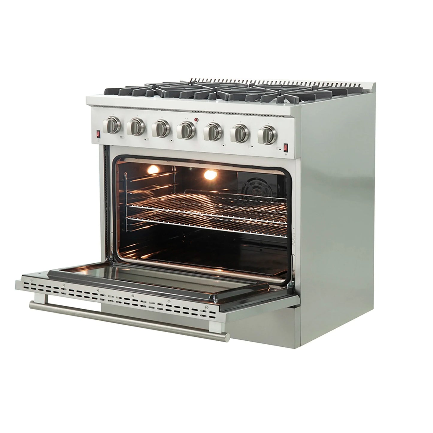 Forno 5-Piece Appliance Package - 36-Inch Gas Range, Wall Mount Range Hood, 36-Inch Refrigerator, Dishwasher, and 30-Inch Microwave Oven in Stainless Steel - AP5-6244-36-5095-30MO