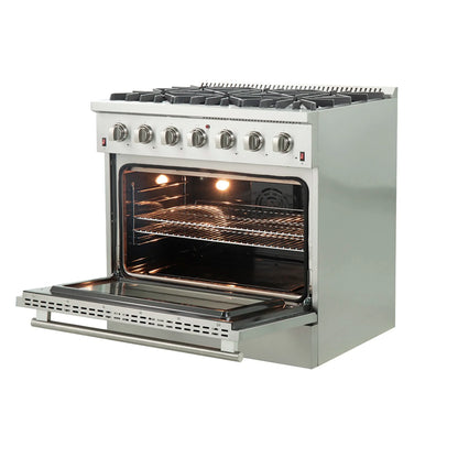 Forno 5-Piece Appliance Package - 36-Inch Gas Range, Wall Mount Range Hood, 36-Inch Refrigerator, Dishwasher, and 30-Inch Microwave Drawer in Stainless Steel - AP5-6244-36-5095-30MD