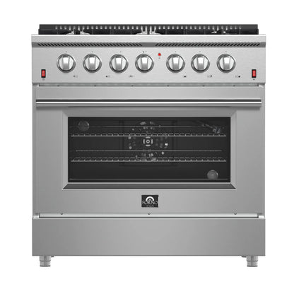 Forno 5-Piece Appliance Package - 36-Inch Gas Range, Wall Mount Range Hood, 60-Inch Refrigerator, Dishwasher, and 24-Inch Microwave Oven in Stainless Steel - AP5-6244-36-5095-60S-24MO