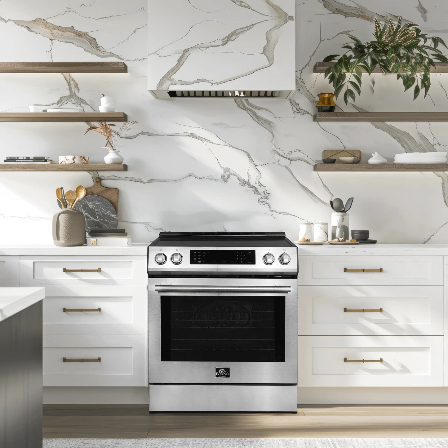 Forno 5-Piece Appliance Package - 30-Inch Induction Range, Under Cabinet Range Hood, Refrigerator with Water Dispenser, Dishwasher, and 30-Inch Microwave Oven in Stainless Steel - APW5-905-30-MWO30