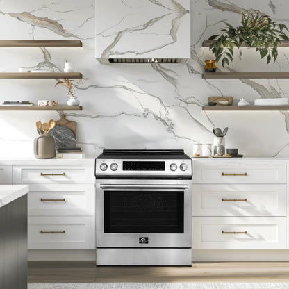 Forno 5-Piece Appliance Package - 30-Inch Induction Range, Under Cabinet Range Hood, Refrigerator with Water Dispenser, Dishwasher, and 30-Inch Microwave Drawer in Stainless Steel - APW5-905-30-MWD30