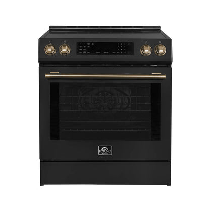 Forno 5-Piece Appliance Package - 30-Inch Induction Range, Under Cabinet Range Hood, Refrigerator with Water Dispenser, Dishwasher, and  Microwave Drawer in Black with Antique Brass Trim - APW5-905-30BLK