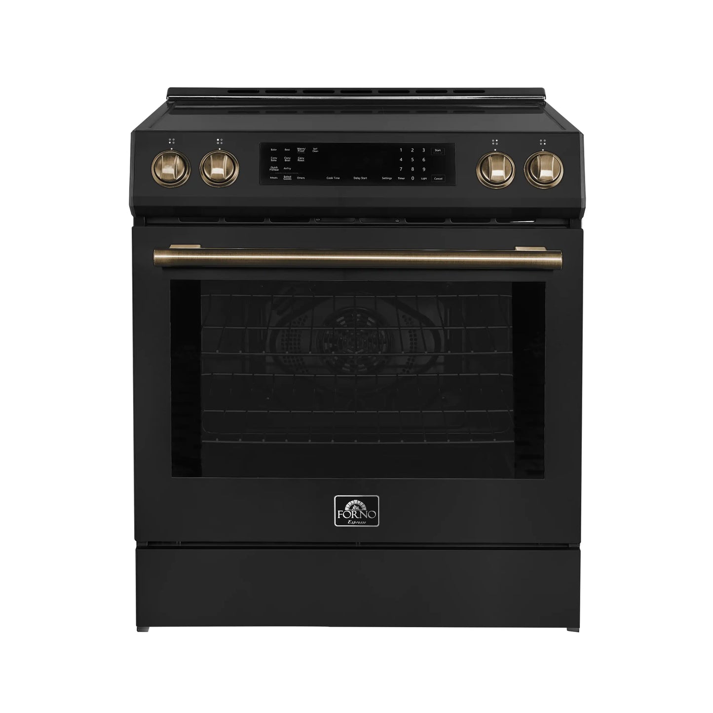 Forno 5-Piece Appliance Package - 30-Inch Inducton Range, Under Cabinet Range Hood, Refrigerator, Dishwasher, and 24-Inch Microwave Oven in Black with Antique Brass Trim - APR5-905-30BLK-MWO24