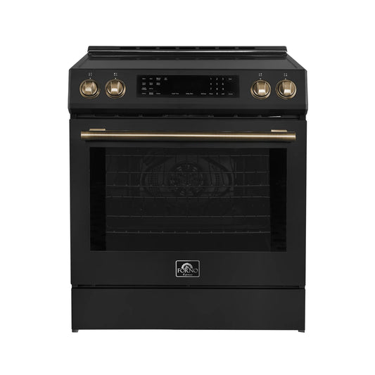 Forno 5-Piece Appliance Package - 30-Inch Induction Range, Under Cabinet Range Hood, Refrigerator with Water Dispenser, Dishwasher, and 30-Inch Microwave Drawer in Black with Antique Brass Trim - APW5-905-30BLK-MWD30