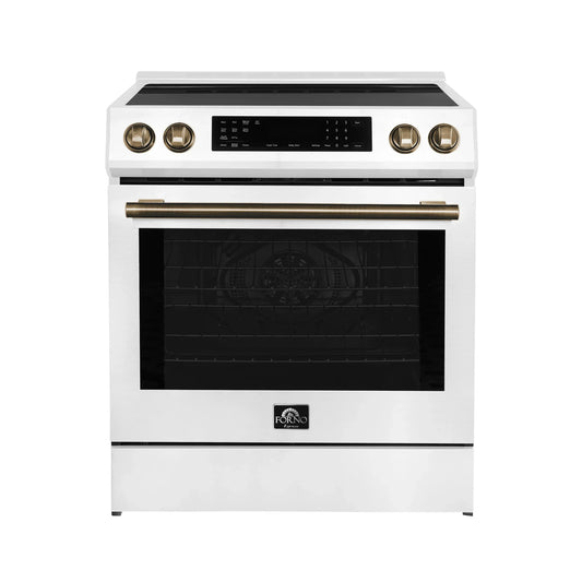 Forno Espresso Donatello 30-Inch Induction Range with Digital Display in White with Antique Brass Trim  - FFSIN0905-30WHT