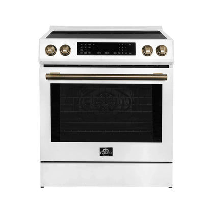 Forno 5-Piece Appliance Package - 30-Inch Induction Range, Under Cabinet Range Hood, Refrigerator, Dishwasher, and 30-Inch Microwave Oven in White with Antique Brass Trim - APR5-905-30WHT-MWO30