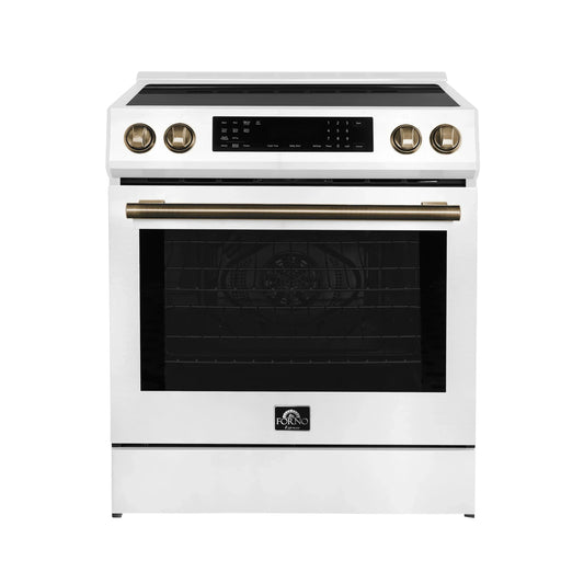 Forno 5-Piece Appliance Package - 30-Inch Inducton Range, Under Cabinet Range Hood, Refrigerator with Water Dispenser, Dishwasher, and 24-Inch Microwave Oven in White with Antique Brass Trim - APW5-905-30WHT-MWO24