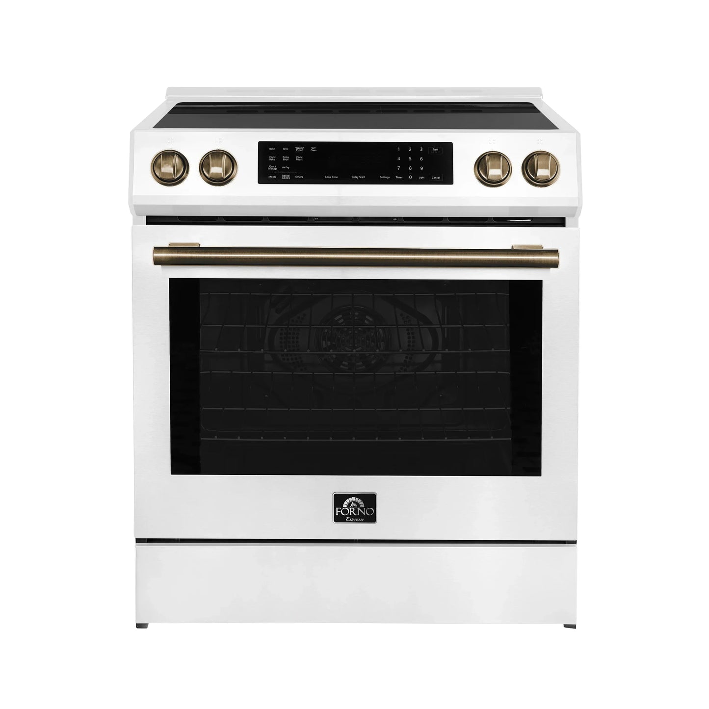 Forno 5-Piece Appliance Package - 30-Inch Induction Range, Under Cabinet Range Hood, Refrigerator with Water Dispenser, Dishwasher, and 30-Inch Microwave Oven in White with Antique Brass Trim - APW5-905-30WHT-MWO30