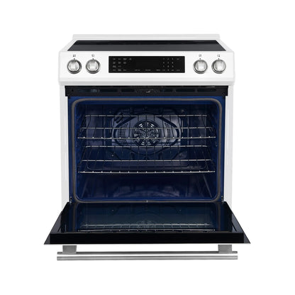 Forno 5-Piece Appliance Package - 30-Inch Induction Range, Under Cabinet Range Hood, Refrigerator, Dishwasher, and  Microwave Drawer in White with Antique Brass Trim - APR5-905-30WHT