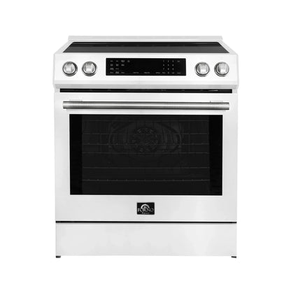 Forno 5-Piece Appliance Package - 30-Inch Induction Range, Under Cabinet Range Hood, Refrigerator with Water Dispenser, Dishwasher, and 30-Inch Microwave Oven in White with Stainless Steel Trim - APW5-905-30WHT-MWO30