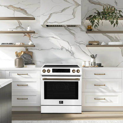 Forno 5-Piece Appliance Package - 30-Inch Induction Range, Under Cabinet Range Hood, Refrigerator, Dishwasher, and  Microwave Drawer in White with Stainless Steel Trim - APR5-905-30WHT