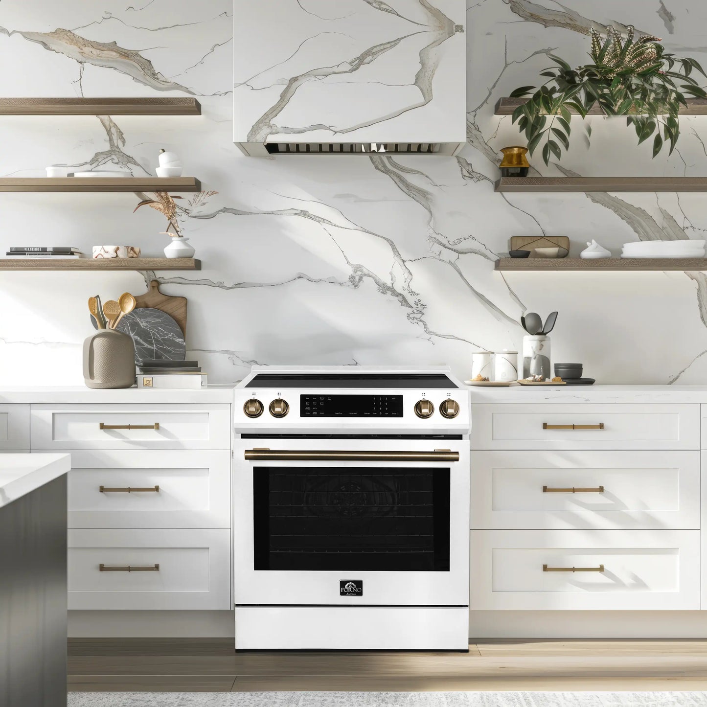 Forno 5-Piece Appliance Package - 30-Inch Induction Range, Under Cabinet Range Hood, Refrigerator with Water Dispenser, Dishwasher, and 30-Inch Microwave Oven in White with Stainless Steel Trim - APW5-905-30WHT-MWO30