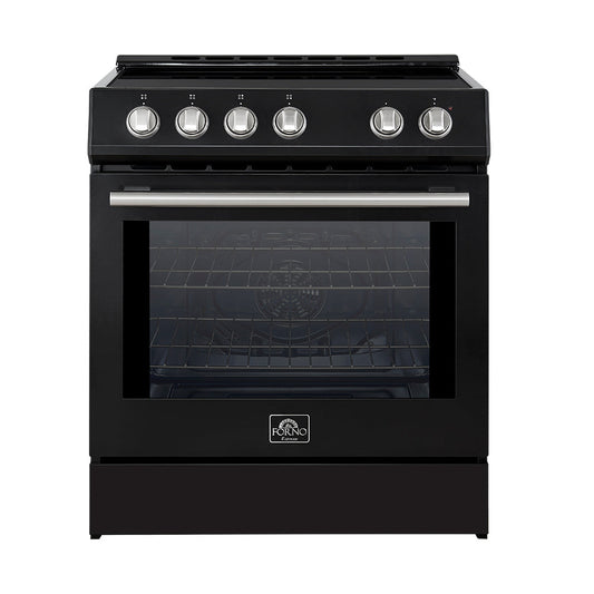 Forno 5-Piece Appliance Package - 30-Inch Induction Range, Under Cabinet Range Hood,  French Door Refrigerator with Water Dispenser, Dishwasher, and  Microwave Drawer in Black with Stainless Steel Trim - APW5-982-30BLK