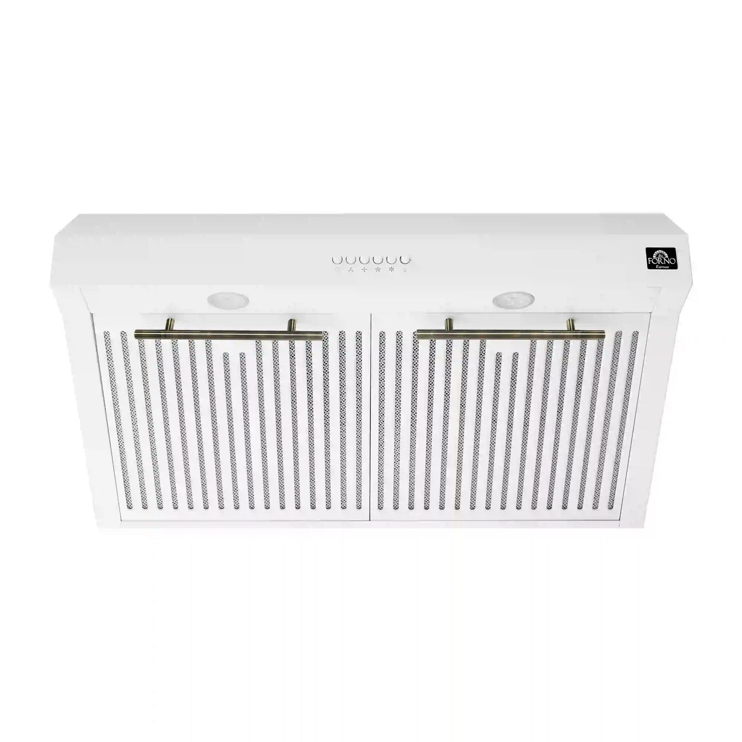 Forno 5-Piece Appliance Package - 30-Inch Induction Range, Under Cabinet Range Hood, Refrigerator, Dishwasher, and  Microwave Drawer in White with Antique Brass Trim - APR5-905-30WHT
