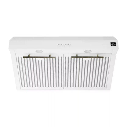 Forno 5-Piece Appliance Package - 30-Inch Induction Range, Under Cabinet Range Hood, Refrigerator, Dishwasher, and  Microwave Drawer in White with Antique Brass Trim - APR5-905-30WHT