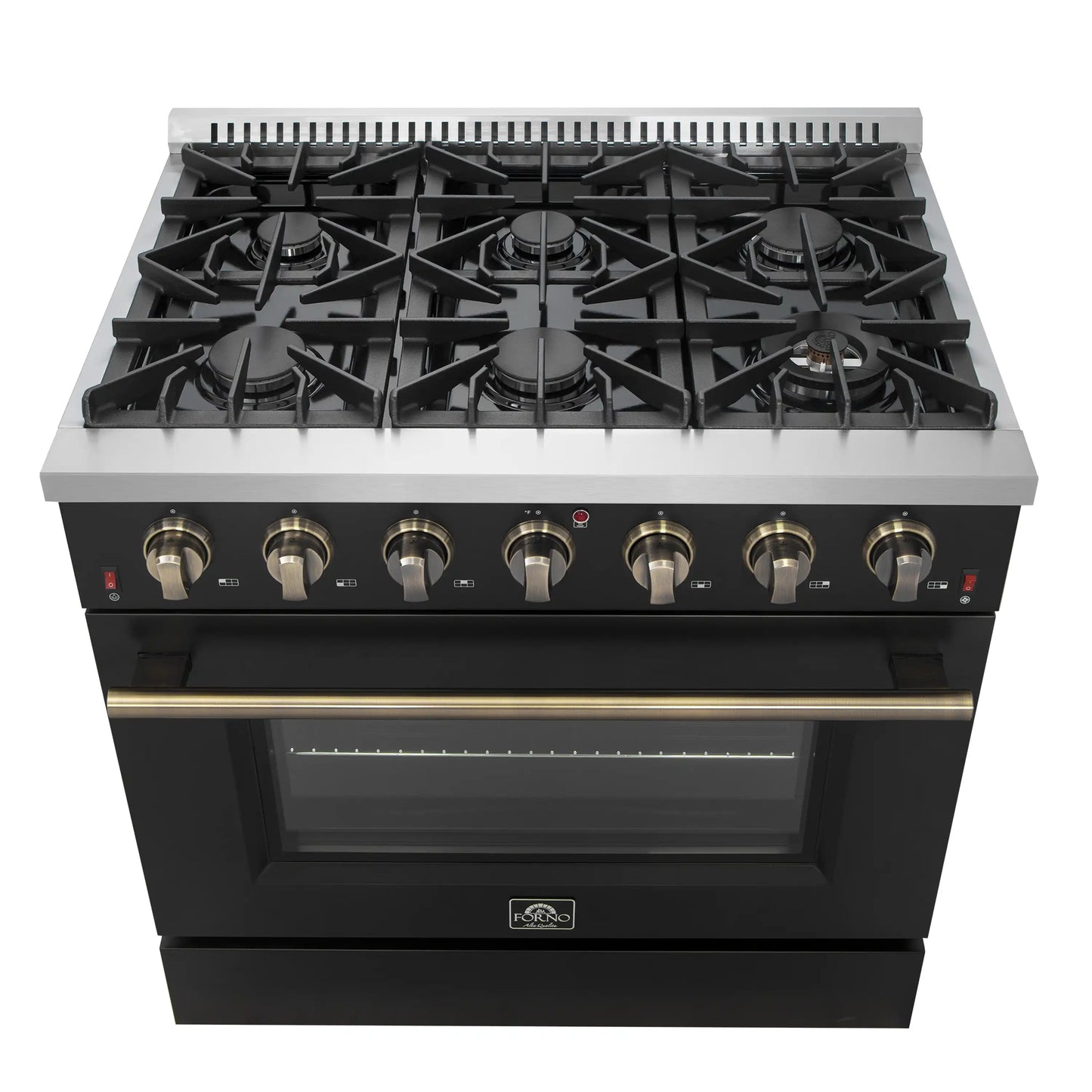 Forno 5-Piece Appliance Package - 36-Inch Gas Range, Wall Mount Range Hood, 60-Inch Refrigerator, Dishwasher, and 30-Inch Microwave Drawer in Black with Antique Brass Handle - AP5-6244-36BLK-5095-60MG-MD30