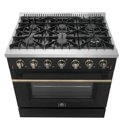 Forno 5-Piece Appliance Package - 36-Inch Gas Range, Wall Mount Range Hood, 60-Inch Refrigerator, Dishwasher, and 30-Inch Microwave Drawer in Black with Antique Brass Handle - AP5-6244-36BLK-5095-60MG-MD30
